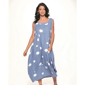 Lands Downunder Blue Polka Dot Chambray Linen Sleeveless Midi Dress Size Large
